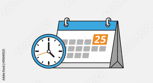 Calendar and clock on a table.