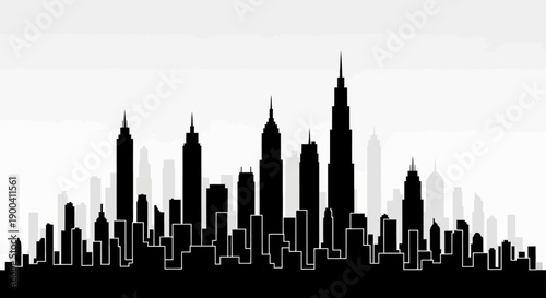 City skyline with tall skyscrapers silhouette.