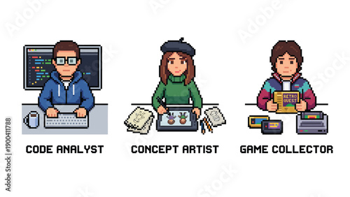 Pixel Art Professions & Hobbies: Developer, Artist, Gamer Icons