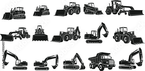 Black silhouette collection of heavy construction machinery equipment icons including excavators bulldozers loaders dump trucks and graders for industrial building projects