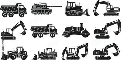 Black silhouette heavy construction machinery equipment set icons including excavator dump truck bulldozer road roller crane tractor and industrial earthmovers (exactly