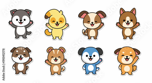 Collection of eight adorable cartoon puppies with different fur colors, all smiling and waving cheerfully on a white background.