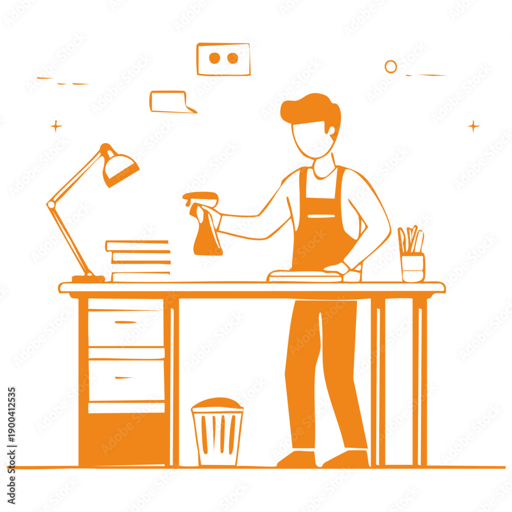 Fototapeta premium A person cleaning a desk with a spray bottle in a workspace environment from a straightforward viewpoint