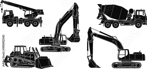 Black silhouette vector set of heavy construction machinery including excavators concrete mixer truck crane and bulldozer isolated on white background