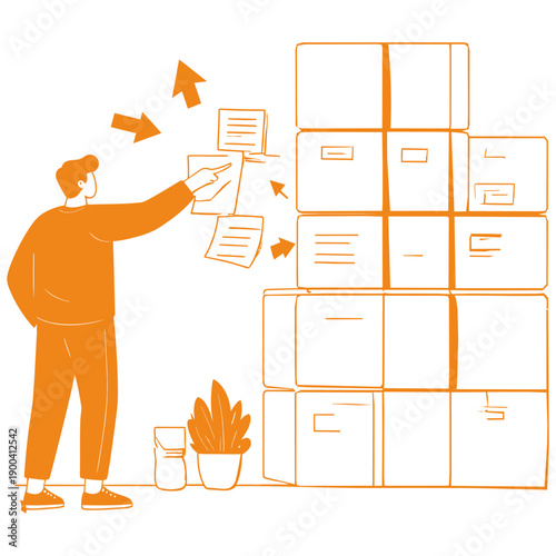 Man organizing boxes and papers in a minimalist workspace with plants