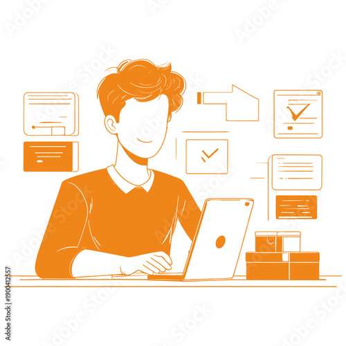 A young man working on a laptop surrounded by digital icons and documents in a modern workspace viewed from the side