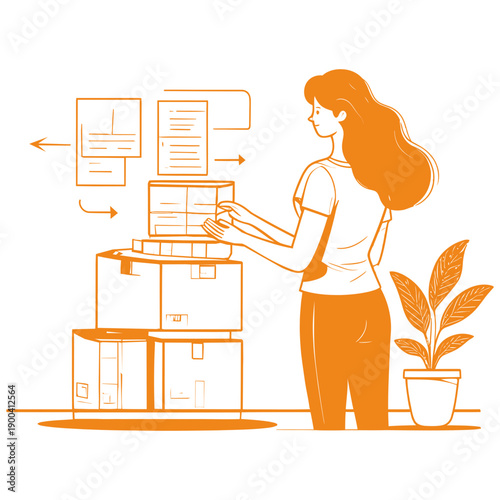 Woman organizing documents in office with printer and potted plant nearby