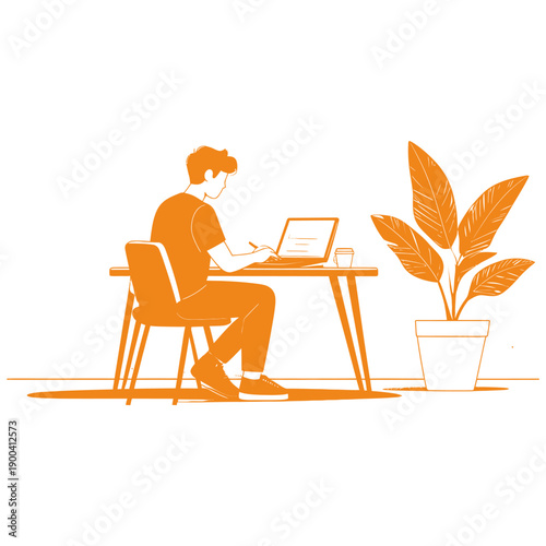 A person working on a laptop at a desk with a potted plant nearby in a minimalist office setting viewed from the side