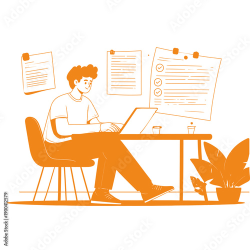 Man working on laptop at desk with papers and plant nearby in office setting
