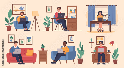 Diverse individuals working remotely from cozy home settings using laptops and technology.