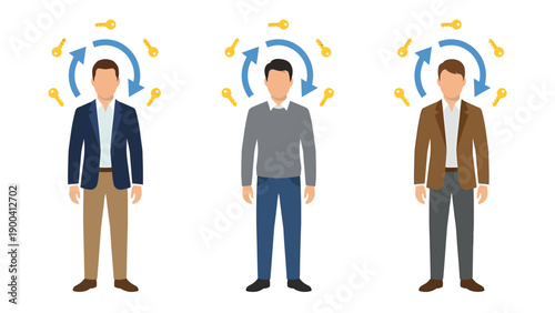 Idea generation concept: Men with refreshing thoughts and solution keys. Creative thinking, problem-solving, innovation process illustration.