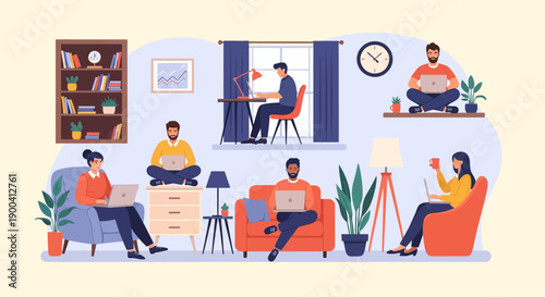 Diverse people working remotely from home using laptops in various relaxed interior settings.