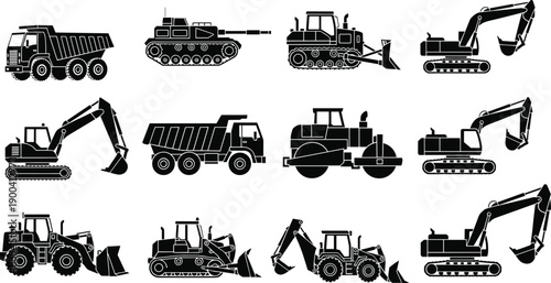 Heavy Construction Machinery Silhouettes Set Including Excavator Bulldozer Dump Truck Road Roller Backhoe Loader and Military Tank Vector Icons Collection