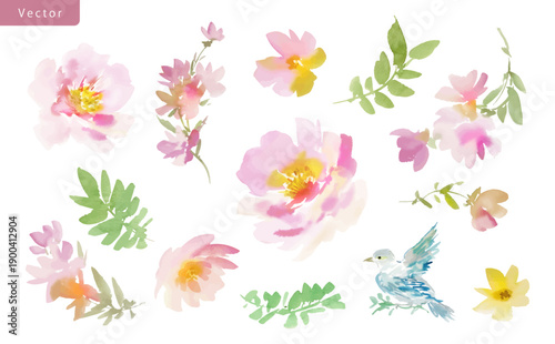 Watercolor floral vector clipart set with abstract hand painted dusty pink peonies, wild flowers and little bird for wedding invitation, greeting card and stationary design