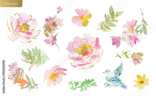 Watercolor floral clipart set with abstract hand painted dusty pink peonies, wild flowers and botanical gold line art for wedding stationary and wrapping paper