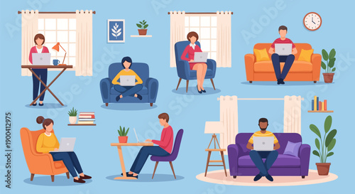 Vector illustration of diverse remote workers using laptops in various home settings