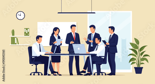 Corporate business team having a meeting around a table in a modern office, vector illustration.