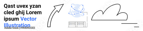 Cloud storage, information flow, technology systems, data transfer, global network, remote connectivity. Arrow pointing to a cloud and a server icon. Cloud storage and information flow concepts