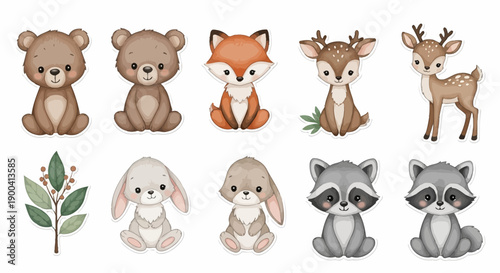 Cute watercolor forest animals collection with bears, foxes, deer, bunnies, and raccoons, plus a small green plant branch.