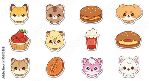 A collection of cute cartoon animal and food stickers with white outlines, featuring various adorable creatures and sweet treats in a kawaii style.
