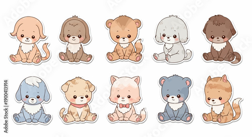 A collection of ten adorable cartoon baby animals, including puppies, kittens, and bear cubs, sitting cutely in various pastel colors.