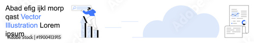 Business growth, data storage, cloud analytics, financial planning, information management, progress tracking. Person analyzing charts, cloud icon in background. Business growth and data storage