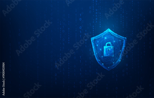 shield cyber security protect identity online storage wallpaper. Information data privacy on blue background. vector illustration fantastic low poly technology.