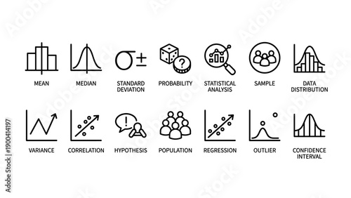 Set of 14 Professional Statistics Line Icons: Mean, Median, Standard Deviation, Probability, Statistical Analysis, Sample, Data Distribution, Variance, Correlation, Hypothesis, Regression, Outlier.
