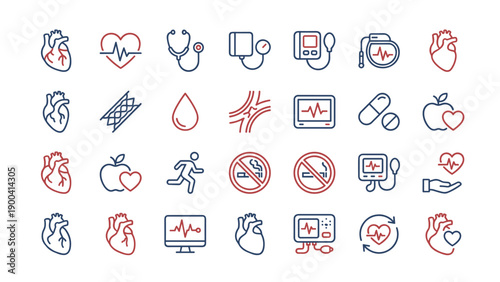 Vector Set of Cardiology and Heart Health Line Icons Featuring Human Heart Anatomy, ECG Monitors, Blood Pressure Gauges, Stethoscopes, Medical Pills, Healthy Lifestyle Symbols, and No Smoking Signs.