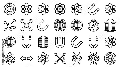 Vector set of physics atoms and magnets line icons in a minimalistic style. Includes atomic models, horseshoe magnets, magnetic fields, compass, and nuclear energy symbols on white background.