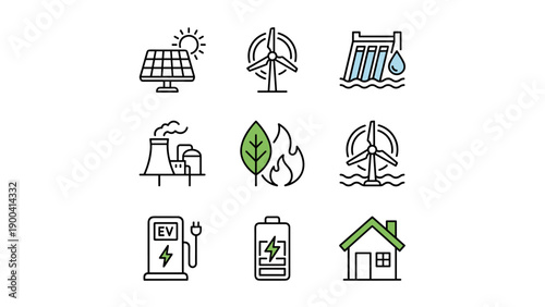 Set of Renewable Energy and Sustainability Line Icons Featuring Solar Panels, Wind Turbines, Hydroelectric Power, Biomass, EV Charging Station, Battery Storage, and Eco-Friendly Green House Design