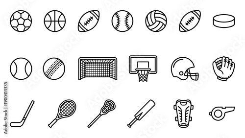 Minimalist Vector Line Icon Set of Team Sports Equipment Including Soccer Balls, Basketball Hoops, Football Helmets, Baseball Gloves, Tennis Rackets, Hockey Sticks, and Whistles on White Background
