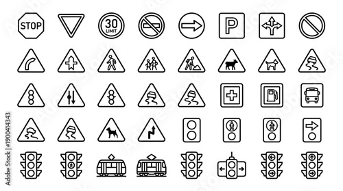 Comprehensive Set of Minimalist Traffic Sign and Road Signal Line Icons Featuring Stop, Yield, Speed Limit, Pedestrian Crossing, Parking, Traffic Lights, Tram, Bus, and Warning Symbols on White.