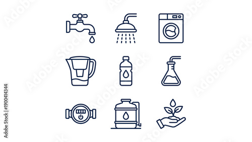 Minimalist Vector Line Icon Set for Water Conservation and Purification Featuring Tap, Shower, Washing Machine, Filter Pitcher, Water Bottle, Lab Flask, Meter, Cooler, and Hand with Growing Plant.