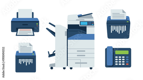 Flat Vector Set of Office Technology Equipment Including Inkjet Printer, Professional Photocopier, Paper Shredder Machines, and Landline Telephone Isolated on a Clean White Background for Business