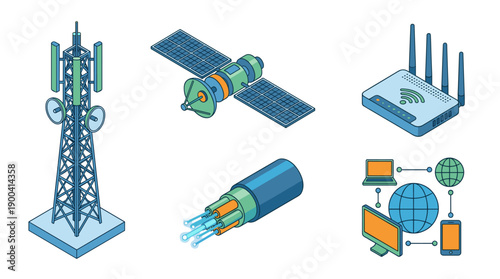 Isometric Vector Set of Telecommunication Equipment Featuring Cell Tower, Satellite, Wi-Fi Router, Fiber Optic Cable, and Global Network Connection Icons Isolated on a Clean White Background.