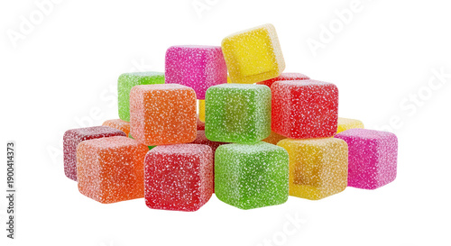 Pile of colorful cube-shaped gummies with sugar coating