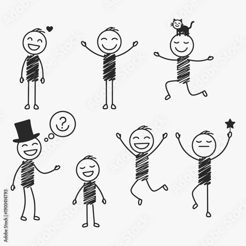 Funny stick figures with positive emotions with different expressions and poses.