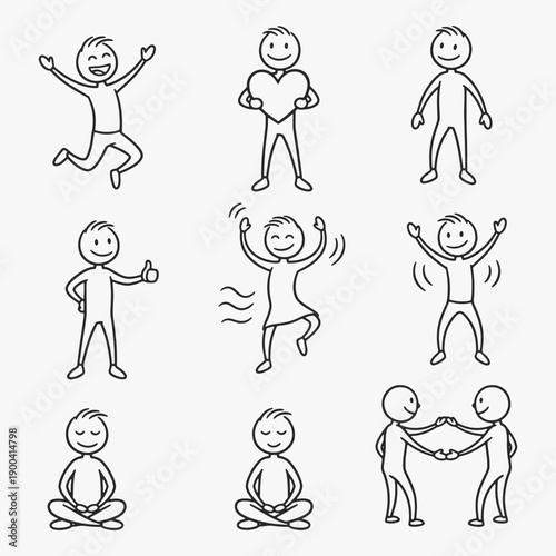Funny stick figures with positive emotions with different expressions and poses.