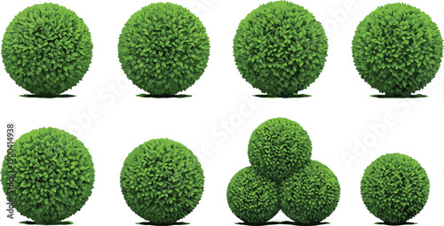 Set of lush green spherical topiary bushes and round garden shrubs isolated on white background for landscaping design, architectural visualization, and outdoor park decoration.