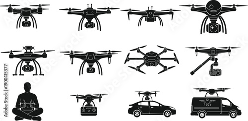 Vector set of drone silhouettes featuring quadcopters with cameras, hexacopter, aerial delivery van, remote control pilot operator, and various uav technology icons for surveillance.