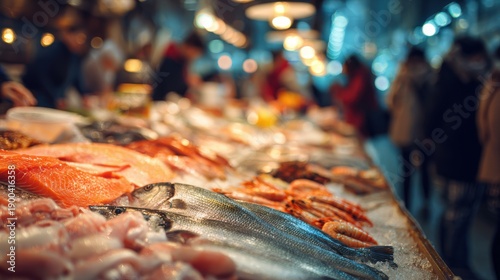 Fishing industry retail fish market stalls fresh fish on blurred background 