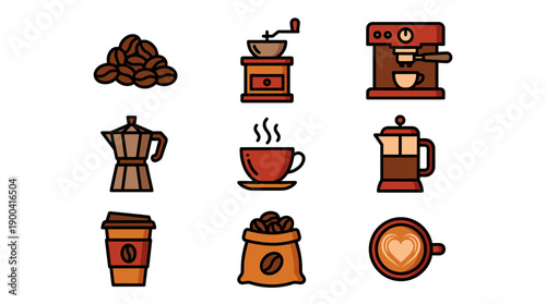 Vector icon set of coffee elements featuring roasted beans, manual grinder, espresso machine, moka pot, steaming cup, French press, takeaway cup, coffee bag, and latte art in bold outline style.