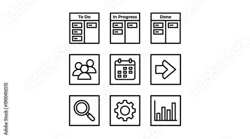Vector Icon Set of Online Project Management and Kanban Board Elements in Minimalist Line Art Style, Featuring To-Do, In Progress, Done, Team, Calendar, Search, Settings, and Analytics Charts.