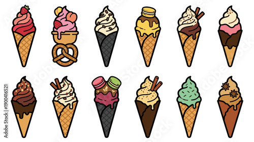 Set of twelve artisanal ice cream cone vector icons with bold outlines and vibrant colors. Features unique flavors and toppings like macarons, pretzels, and fruit on waffle and charcoal cones.