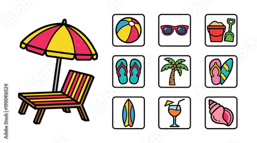 Vector Icon Set of Beach Vacation Elements Featuring a Sunbed with Umbrella, Beach Ball, Sunglasses, Sand Bucket, Flip Flops, Palm Tree, Surfboard, Tropical Cocktail, and Seashell in Bold Outline