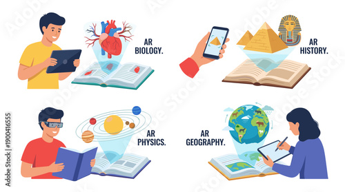 Vector set of four scenes showing students using augmented reality textbooks for biology, history, physics, and geography with interactive 3D models on tablets, smartphones, and smart glasses.