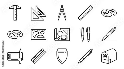 Architecture and Drafting Tools Line Icon Set; Minimalist Vector Illustration of T-square, Ruler, Compass, French Curve, Blueprint, Mechanical Pencil, Sharpener, and Stencil for Technical Design.