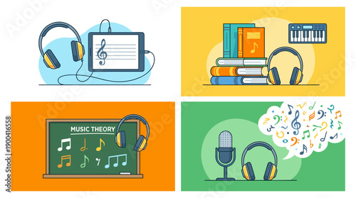 Vibrant flat vector illustration set of four scenes for music theory education featuring headphones, musical notes, a tablet, books, a keyboard, a chalkboard, and a microphone for learning.