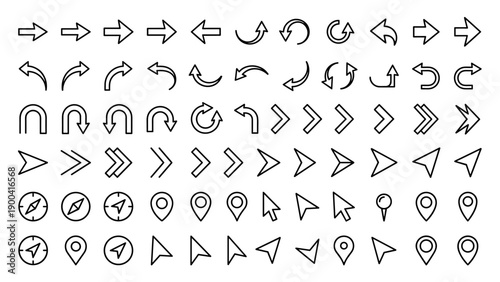 Minimalist Vector Set of Arrow and Direction Pointer Line Icons. Collection of Navigation Symbols, Map Pins, Cursors, and Chevrons for Web Design and UI/UX Interface on a Clean White Background.